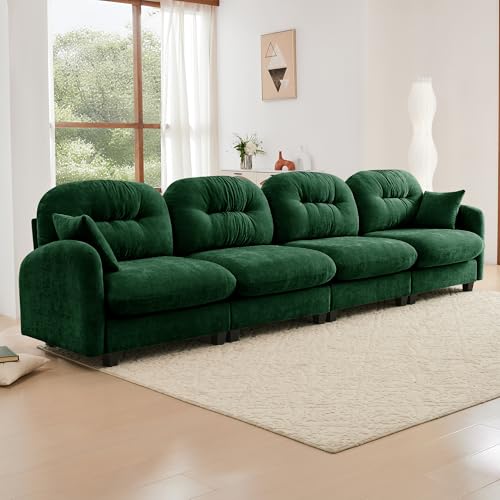 Image of KEIKI 140 inch Oversized Chenille Modular Sectional Sofa with High-Density Foam Cushion and Tufted Pleated Cushion Backrest, Upholstered Modern 4-Seater Cloud Couch with 2 Pillow, for Living Room, Green