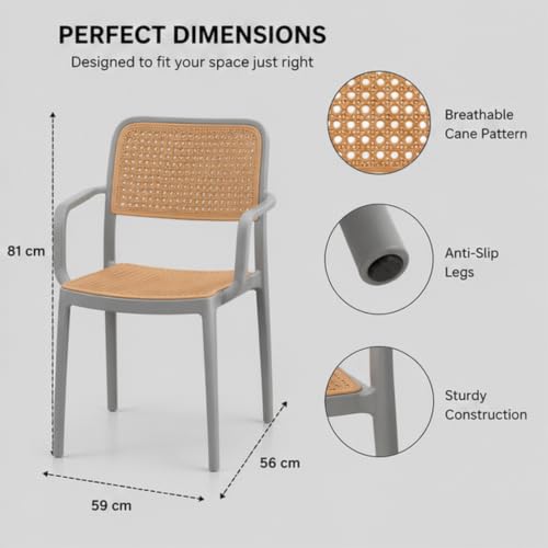 Image of NARSA Modern Rattan Style Dining Chair for Home & Cafe | Cane Pattern Plastic Chair with Ergonomic Backrest | Lightweight & Durable Indoor Outdoor Seating Chair (Grey, with Arm, Set of 1)