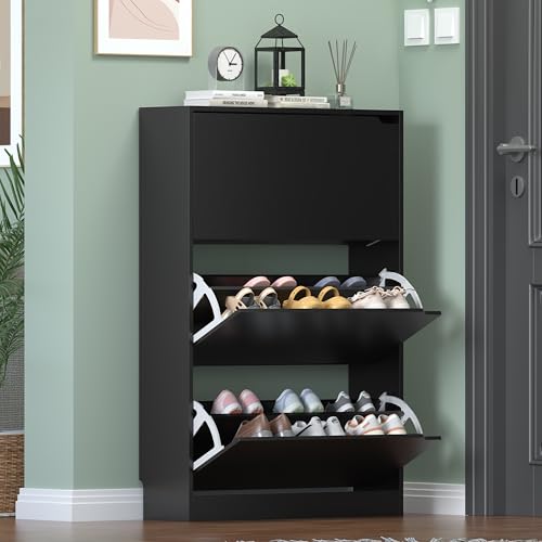 Image of HUANLEGO Black Shoe Cabinet for Entryway with 3 Flip Drawers, 31.5 inch W | Hidden Shoe Rack for Entryway, Freestanding Shoe Storage for Hallway,, Living Room, Entrance Organizer Closet