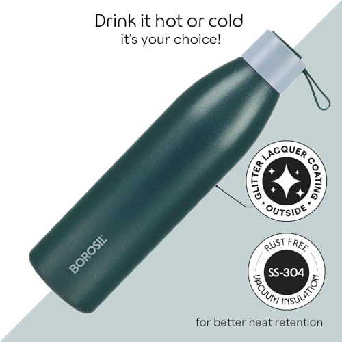 Image of Borosil Hydra 900ml Duomate Green Stainless Steel Bottle | 24 Hours Hot and Cold Double Wall Vacuum Insulated with Copper Coating | 1 Year Warranty