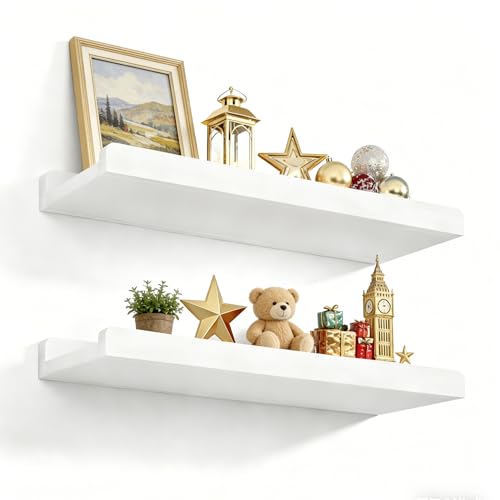 Love-KANKEI Floating Shelves Wall Mounted Set of 2, 17 Inch Rustic Wood Wall Shelves for Storage, Bedroom Living Room Bathroom Kitchen Office and More White