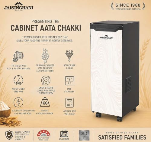 Image of JAISINGHANI GROUP Premium Flour Mill for Home | 8-12 Kg /Hr Output Capacity | 1HP BLDC Motor & HPDC Grinding Chamber | Moisture-Resistant Double Plywood Cabinet