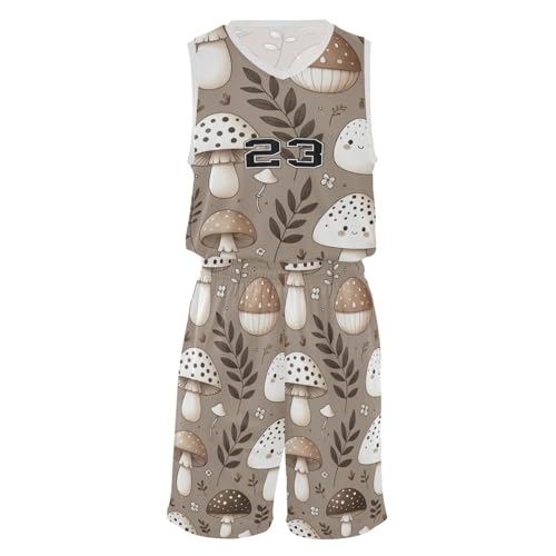 FLildon Cute Mushrooms Brown Boys Basketball Jersey Set Tank Top Shorts Tracksuit Sport Training Suit for Kids, L