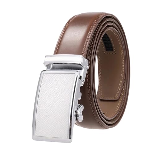 Men's Solid Color Automatic Belt, 3.5Cm Metal Buckle Work Belt, Handmade Brown Silver 105cm