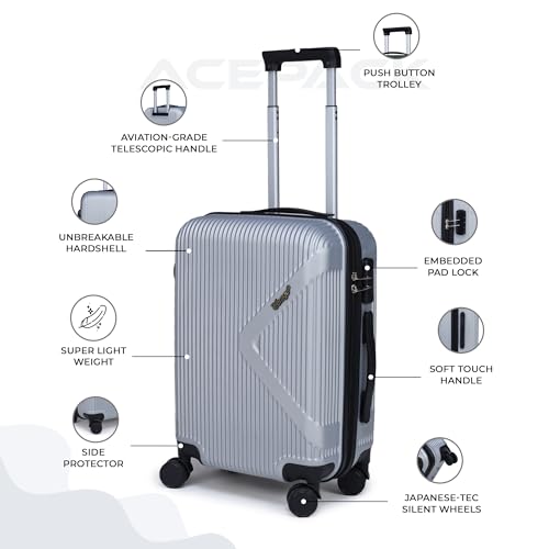 Image of ACEPACK Brampton 56 cms Silver Hard Sided Cabin Size Luggage Trolley Bag for Travel Suitcase with 8 Spinner Wheels for Men and Women,