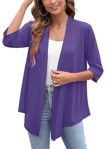 Heymoments Cardigan for Women D Purple 3X-Large Draped Open-Front 3/4 Sleeve Lightweight Casual Soft Drape Summer Fall Kimonos Cardigans