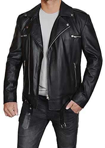 Men's Lambskin Leather Biker Jacket – Slim Fit Lapel Asymmetric Zip-Up Belt Black Motorcycle Coat3