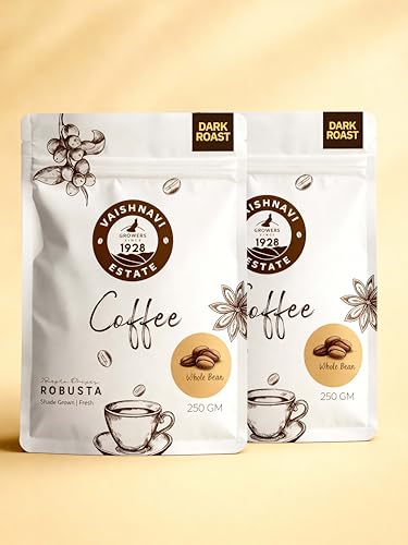 Image of Vaishnavi Estate Contains 100% Single Origin | Robusta Coffee | Roasted To Exacting Standards Ensuring A Perfect Cup Every Time -Whole Bean (250g, Pack Of 2)