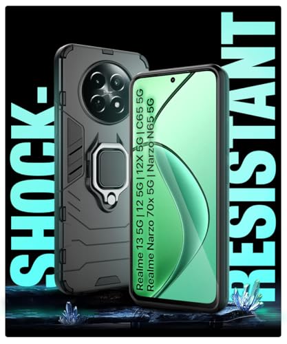 Image of WOW IMAGINE Shock Proof Back Case Mobile Cover for Realme 13 5G | Realme 12 5G | 12X 5G | Narzo 70x 5G | C65 5G | N65 | Back Cover (Tough Armor | Hybrid PC + TPU | Ring Holder Kickstand | Black)