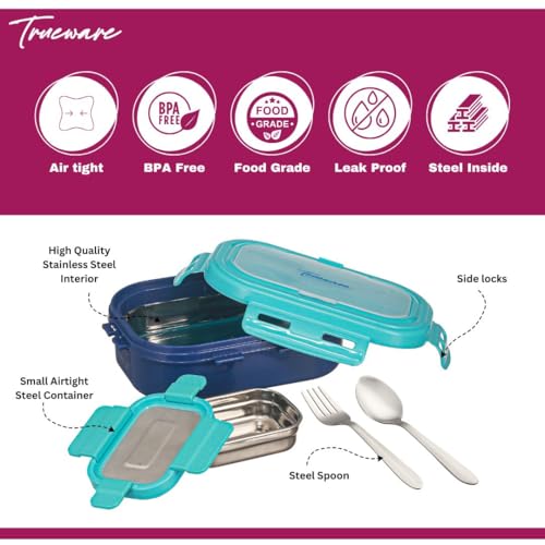 Image of Trueware Picaso Jr. Insulated Inner Steel Thermoware BPA Free, Airtight, Food Grade, 2 Containers Lunch Box 750 ML | for School, Kids, Boy & Girl | Hot Lunch Box