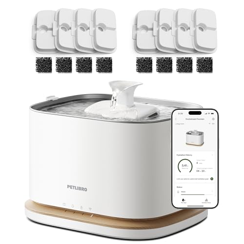 Image of PETLIBRO Upgrade Cordless Cat Water Fountain + 8 Packs Genuine Cat Fountain Filter Replacement, App Monitoring 3L /101oz Dockstream 2 Pet Water Fountain with Stainless Steel Tray, 4-Month Set Easy-Swap