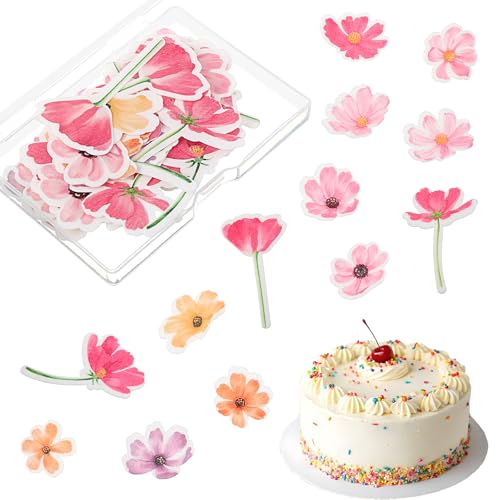 Lot de 52 décorations de gâteaux comestibles en forme de fleurs de cerisier pour anniversaire, printemps, mariage, fiançailles, fête prénatale, fête d'anniversaire, cupcakes en papier gaufrette pour