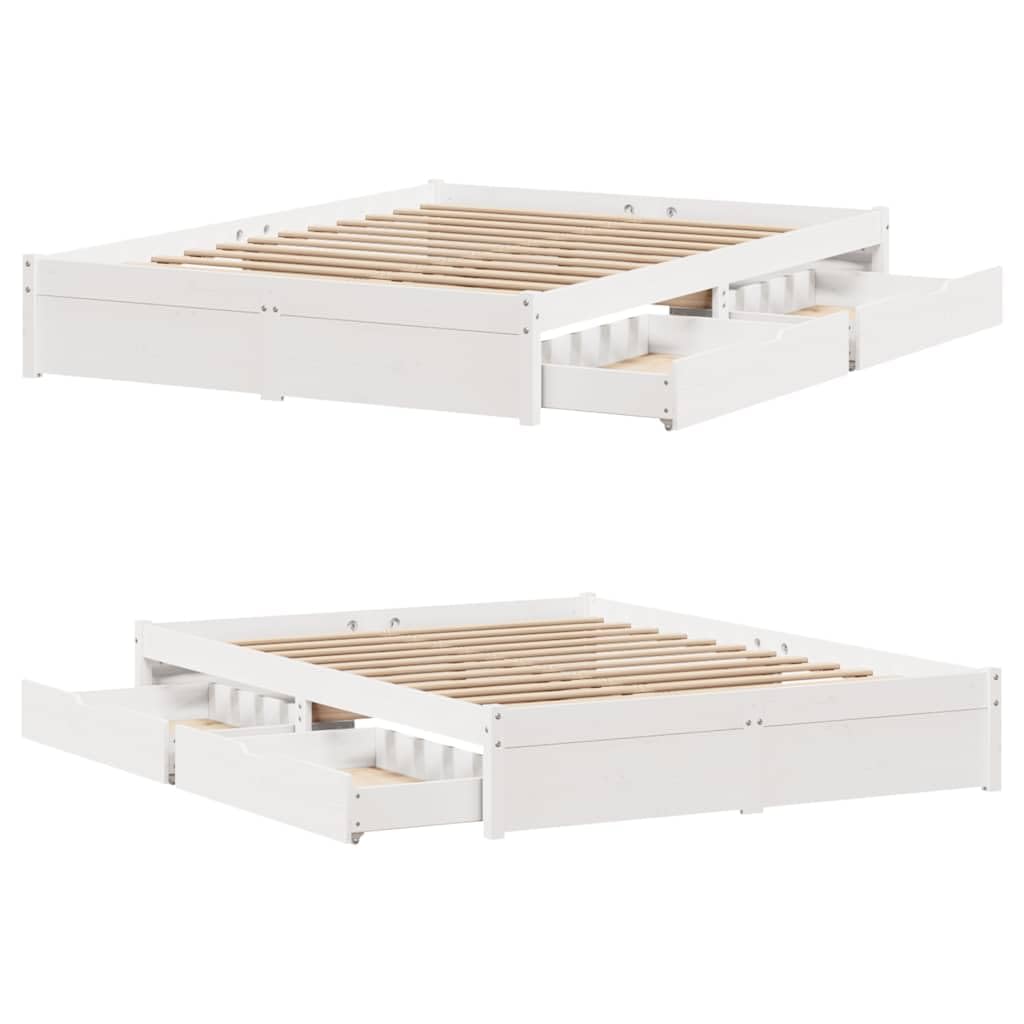 vidaXL Massivholzbett, Holzbett Bett mit Schubladen, Bettgestell Bettrahmen mit Lattenrost, Doppelbett für Schlafzimmer, Weiß 120x200cm Kiefer