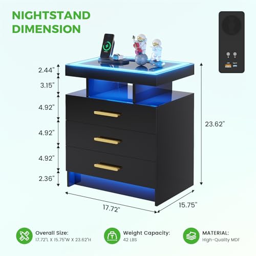 Image of HNEBC LED Nightstand with Charging Station,Smart Bedside Table with Motion Sensor Lights,3 Drawers,Tempered Glass Top,High Gloss End Table with 3 Color Lights for Bedroom, Living Room,Office-Black