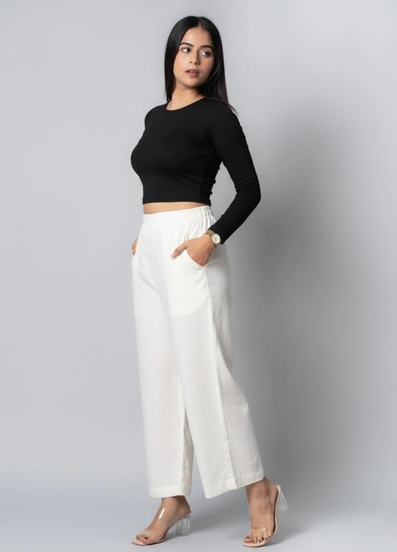Image of Moirai Pure Cotton Wide Leg Women Trouser Stylish Mid Rise Relaxed Straight Fit Loose Pants Casual Travel Office Formal Wear