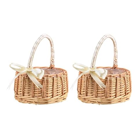 Lazyspace 2Pcs Wicker Rattan Flower Basket, Willow Handwoven Basket with Handle and Plastic Insert, Flower Girl Baskets Wicker Woven Basket, for Farmhouse Wedding Table Centerpiece Decor Cover