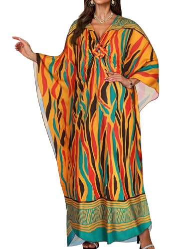 Image of JILUVIN Kaftan Dresses for Women Plus Size V Neck Caftans Long Batwing Sleeve Beach Cover Ups Summer Floral Print Dress 2026 (Green Red Stripes,One Size)