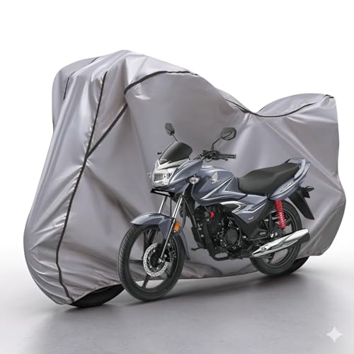 Image of Waterproof Bike Body Cover Compatible with Honda Shine Dustproof Scratchproof - Motorcycle Cover for Two Wheeler, Outdoor Full Cover with UV, Duty, Rain Protection (Silver & Black)