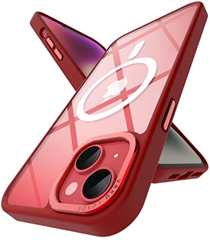 Image of Vaku Luxos Clear Armor MagPro for iPhone 14 Plus Cover Case, Shockproof, Scratch Resistant, Slim, Thin, Military-Grade Metal Ring Camera Protection, Compatible with MagSafe Back Cover - Red