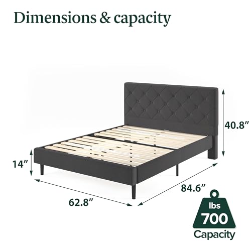 Image of Zinus Queen Shalini Upholstered Platform Bed Frame with Headboard [New WonderBox(TM) Version], Wooden Slat Support, No Box Spring Needed, Easy Assembly, Eco Friendly Packaging, Dark Grey