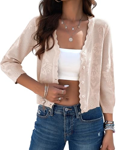 Kate Kasin Women's 2025 Cropped Cardigan Sweaters Trendy Lightweight 3/4 Sleeve Button Down Crochet Textured Shrugs Top