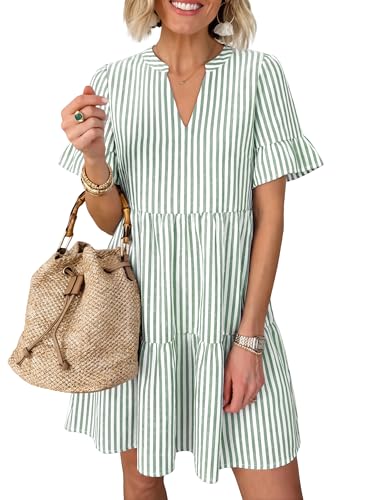 Image of Caracilia Dresses for Women Summer 2026 Striped V Neck Ruffle Sleeve A Line Tiered Flowy Casual Mini Beach Dress with Pockets