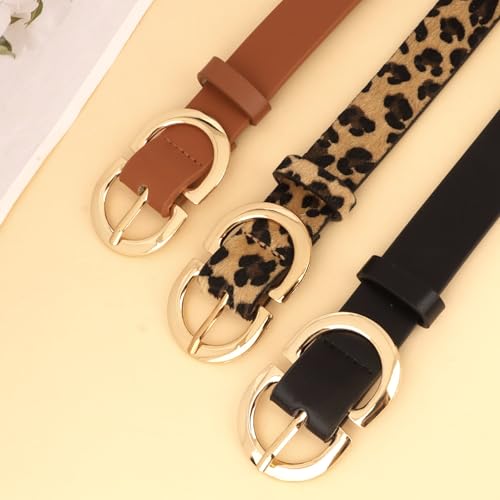 3 Pack Leather Belts for Women Jeans Dresses Pants Waist Belt Womens Black Brown Leopard Belt with Gold Buckle2