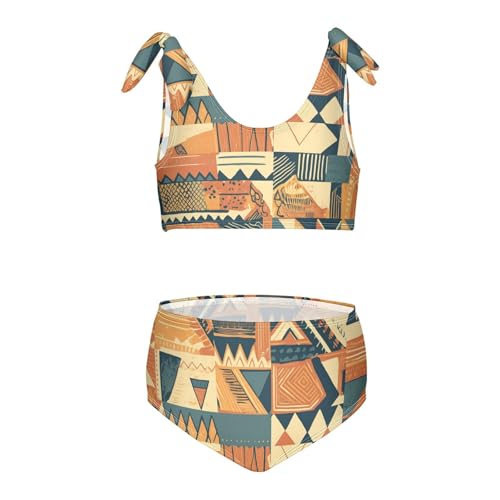 KLL Colored African Patchwork Motifs Girl 2 Piece Bikini Sets Scoop Neck Beach Bathing Suit Bathing Suit