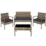 Poly Rattan Sitzgruppe Gartenset mit 2 Stühlen Bank Tisch mit Glasplatte - 4
