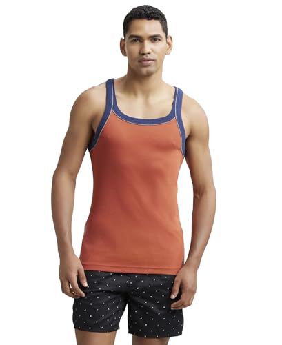 Image of Jockey US54 Men's Super Combed Cotton Rib Square Neckline Gym Vest with Back Panel Graphic Print (Shoulder Starp Color May Vary)