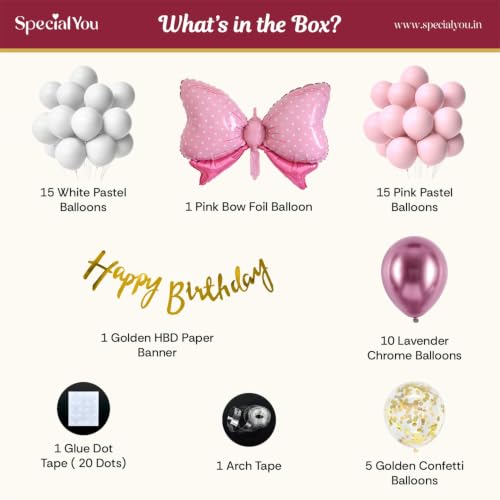 Image of SpecialYou Bow Theme Happy Birthday Decoration Kit for Girls- 49Pcs with Pink & White Balloons for Birthday Decor Items, Aesthetic Room Decor Items Pinterest Finds
