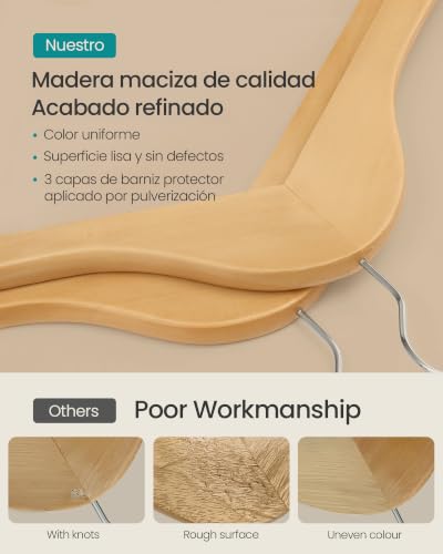 Miniatura 8 de Songmics Percha De Madera Maciza, Juego De 20, Con Ranuras Para Hombros, Barra Antideslizante Para Pantalones, Gancho Giratorio De 360 , Para Trajes, Camisas, Abrigos, Natural Y Plata Crw001-20