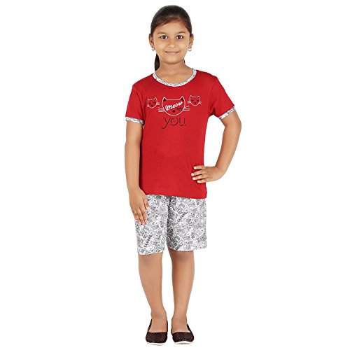 Image of Kid Girl's Red and White Color Top & Shorts Set