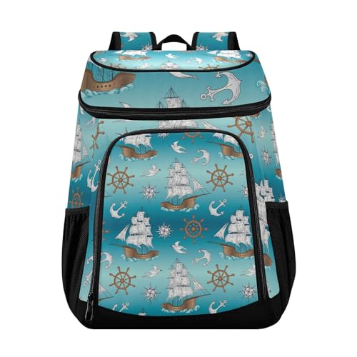 Sailboat Anchor Ocean Nautical Coastal Cooler Backpack Cooler Insulated Leak Proof Lunch Backpack 36 Cans Waterproof Soft for Men Women Picnic Hiking Camping Beach