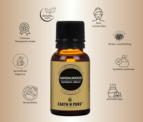 Image of Earth N Pure Sandalwood Essential Oil | 100% Pure & Natural | Steam Distilled | For Relaxation, Skin Nourishment & Meditation | 15ml