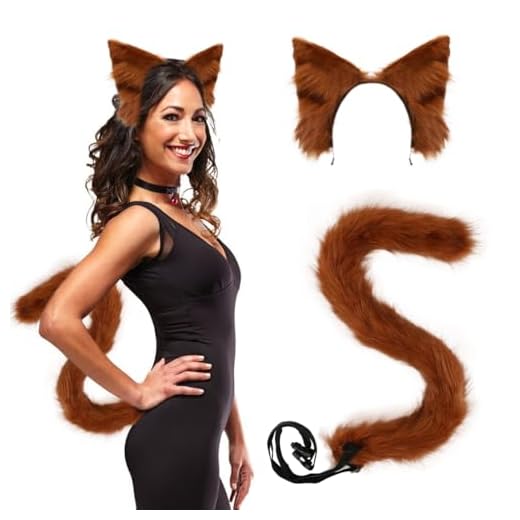 2 Piezas de Disfraz de Gato, Cola de Gato y Diadema Orejas de Gato, Orejas de Zorro, Cola de Gato de 75 cm Peluche, para Mujer y Niña Carnaval Halloween Fiesta Cosplay de Gato (Marrón)