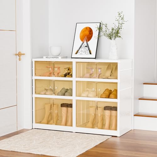 Image of 3-Tier Portable Shoe Rack Organizer for Closet, 12 Pairs Shoe Container Bins, Clear Plastic Collapsible Shoes Storage Box, Stackable Sneaker Storage Shoe Cabinet with Door