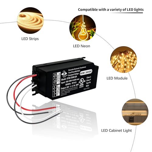 Image of Dimmable LED Driver, 60W 24V Triac ELV /MLV Compatible Electronic Transformer, 100-130V AC to 24V DC Power Supply, Low Voltage Lighting Project, Smooth Dimming, UL Listed, Class 2
