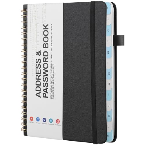 Password & Address Book with A-Z Tabs Spiral Notebook 128 Pages Black