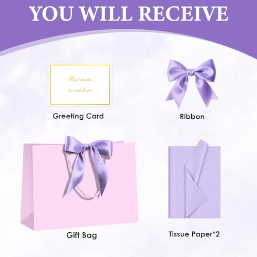 Image of JMANNI Gift Bags with Handles, 13 inch Medium Gift Bag for Presents, 1 Pcs Bags with 2 Tissue Paper and 1 Cards for Baby Shower Wedding Bridal Shower Mother's Day Birthday Party (light purple