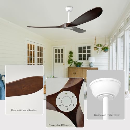 Image of 60 inch Ceiling Fan without Light,3 Solid Wood Blades Dark Walnut Finished,Outdoor Ceiling Fan for Living Room,Patio,Porch(White+Dark Walnut)