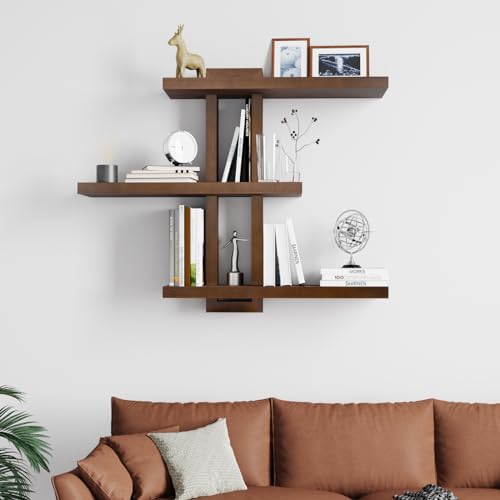 yaqew Variable Wood Floating Shelves Set of 3, Wall Cube Shelves 28.35" Max, Wall Shelves for Living Room Bathroom Bedroom - Light Walnut Color - 28.35" x 23" x 5.9" Max - Image 3