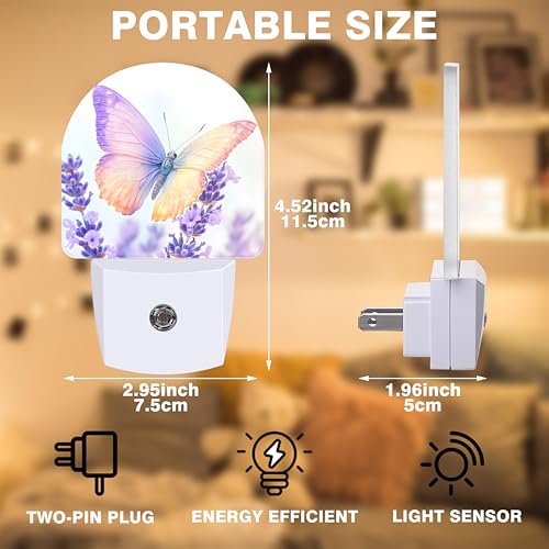 Image of Night Lights Plug into Wall Butterfly on Lavender Flower Night Light Dusk to Dawn Smart Sensor Decorative Round Led Lamp for Bedroom Kitchen Hallway Nightlight for Women Men