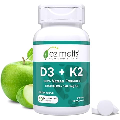 EZ Melts Dissolvable Vitamin D3 K2 5,000 IU, Bone & Joint Support, Sugar-Free, 3-Month Supply Cover