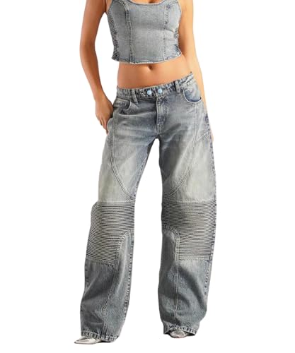 Women's Vintage Low Rise Stretchy Washed Wide Leg Jeans Casual Baggy Distressed Straight Denim Pants