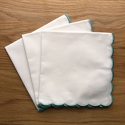 White Cotton Embroidered Scallops Handkerchiefs, 11"X11" Lady's Handkerchiefs With Green Embroidered Edge, Set Of 3 #TOP4