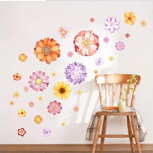 Supzone Stickers Muraux Bohème Décoration Murale avec Grandes Marguerites et Fleurs Bohèmes Colorées Autocollant Mural pour Chambre Enfant Salon Bureau...