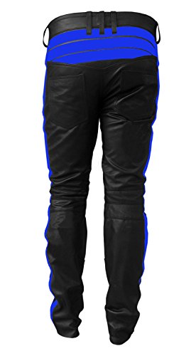 Mens Sexy Real Black & Blue Leather Motorcycle Bikers Pants Jeans Trouser4