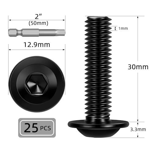 Image of M6-1.0 x 30mm 25 PCS Flanged Button Head Socket Cap Bolts Screws, Stainless Steel 304, Allen Socket Drive, Screwdriver Bit Included, Black Finish, Fully Machine Thread