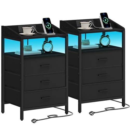 Hzuaneri Tables de Nuit Lot de 2, avec Lumières LED et Station de Chargement, Tables de Chevet avec...